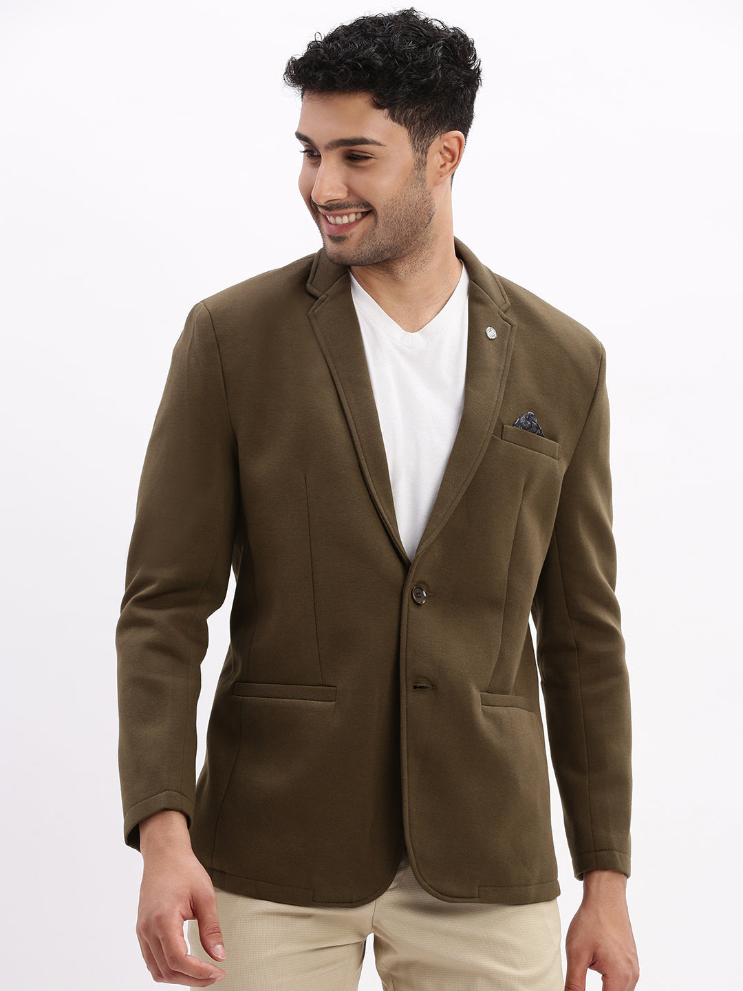 Men Solid Olive Single Breasted Blazer