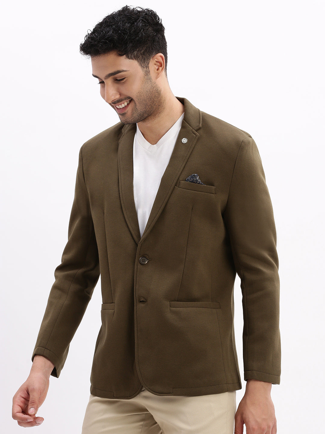 Men Solid Olive Single Breasted Blazer