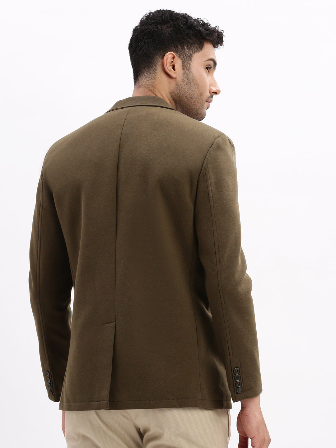 Men Solid Olive Single Breasted Blazer