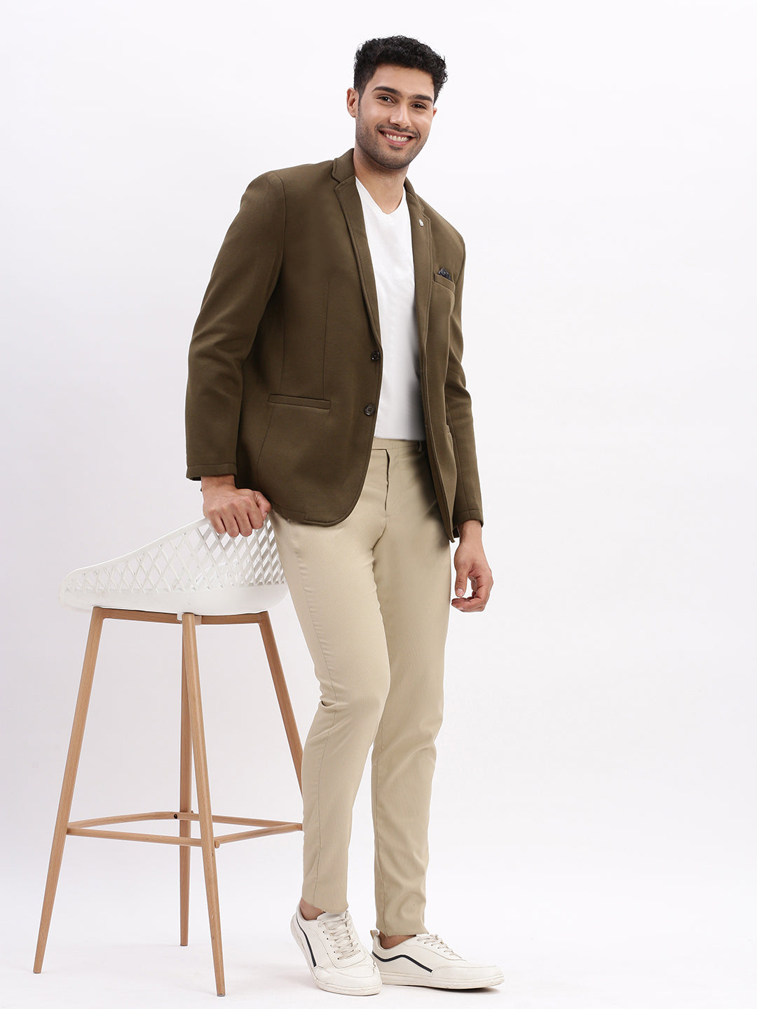 Men Solid Olive Single Breasted Blazer