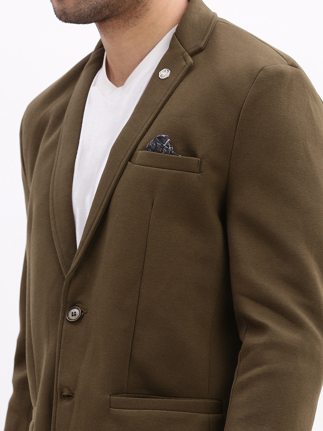 Men Solid Olive Single Breasted Blazer