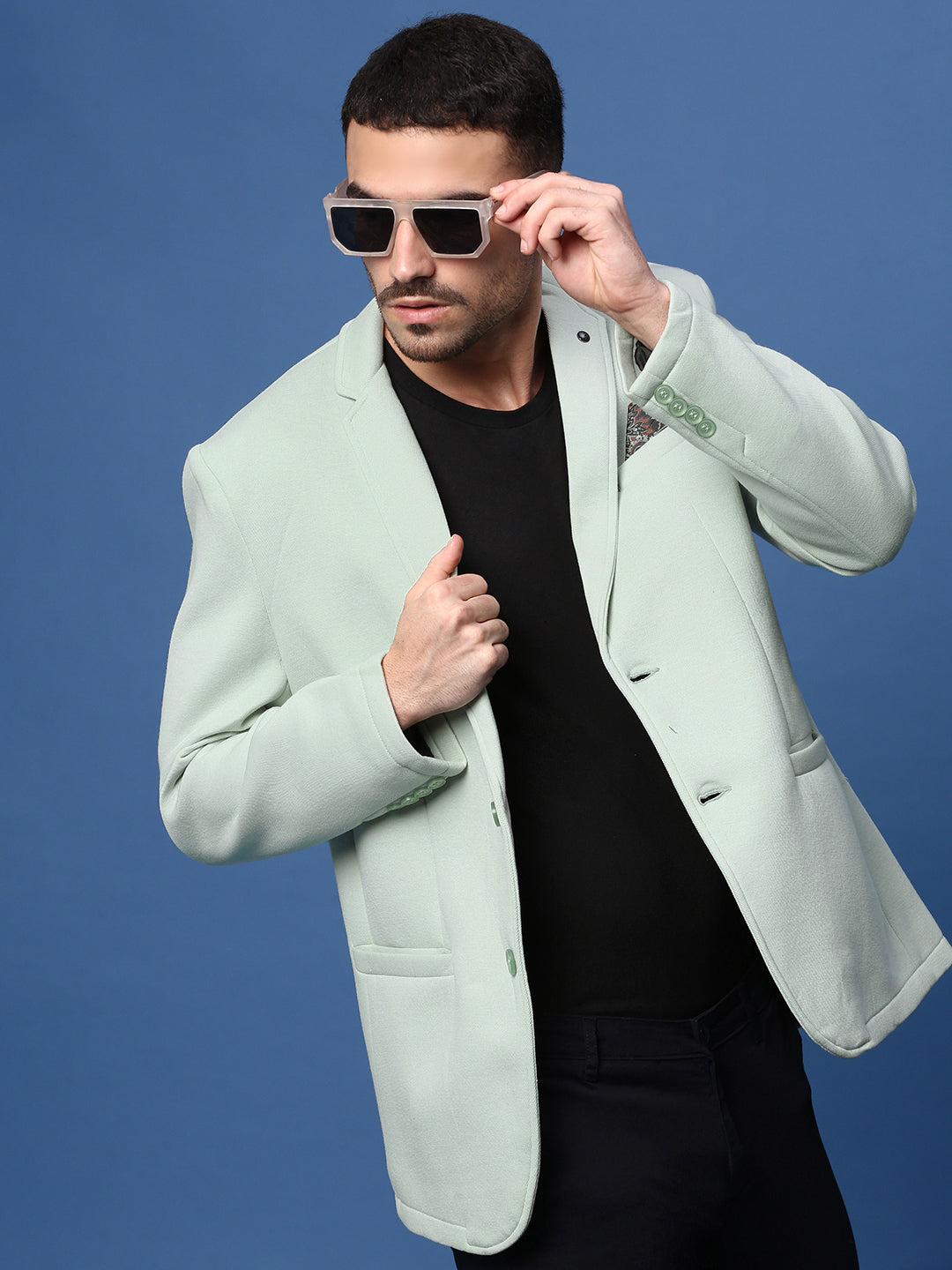 Men Sea Green Slim Fit Single Breasted Blazer