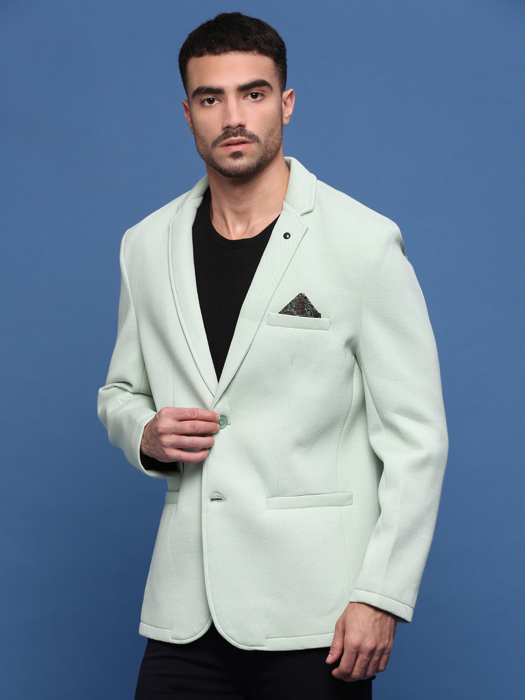 Men Sea Green Slim Fit Single Breasted Blazer