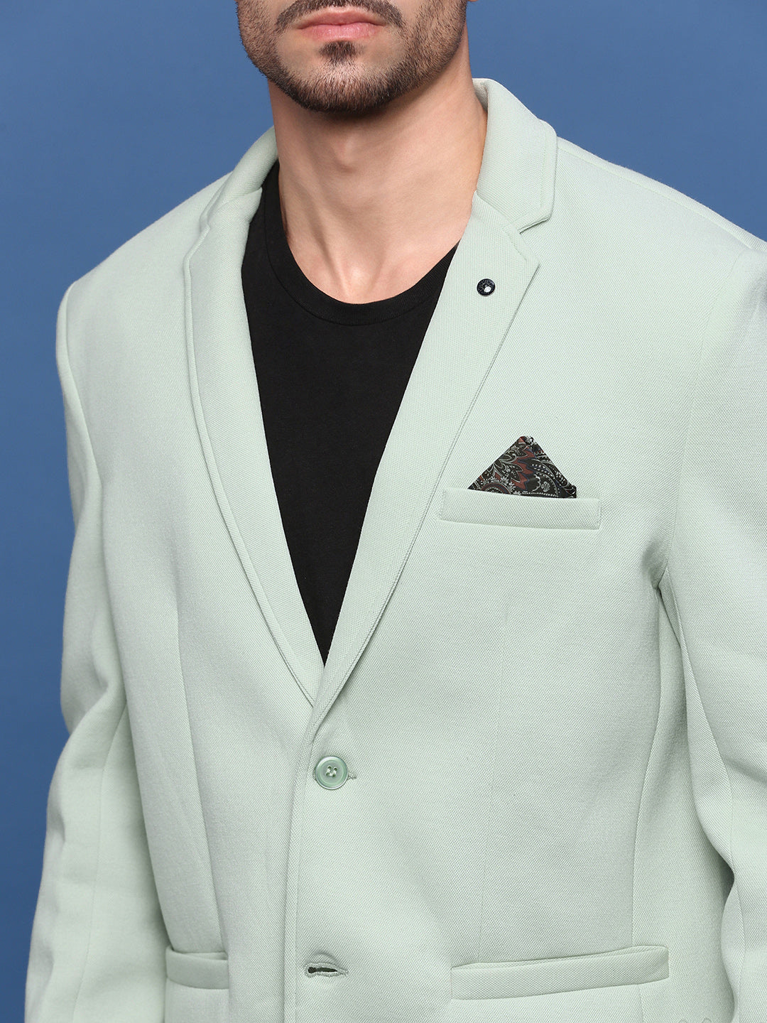 Men Sea Green Slim Fit Single Breasted Blazer