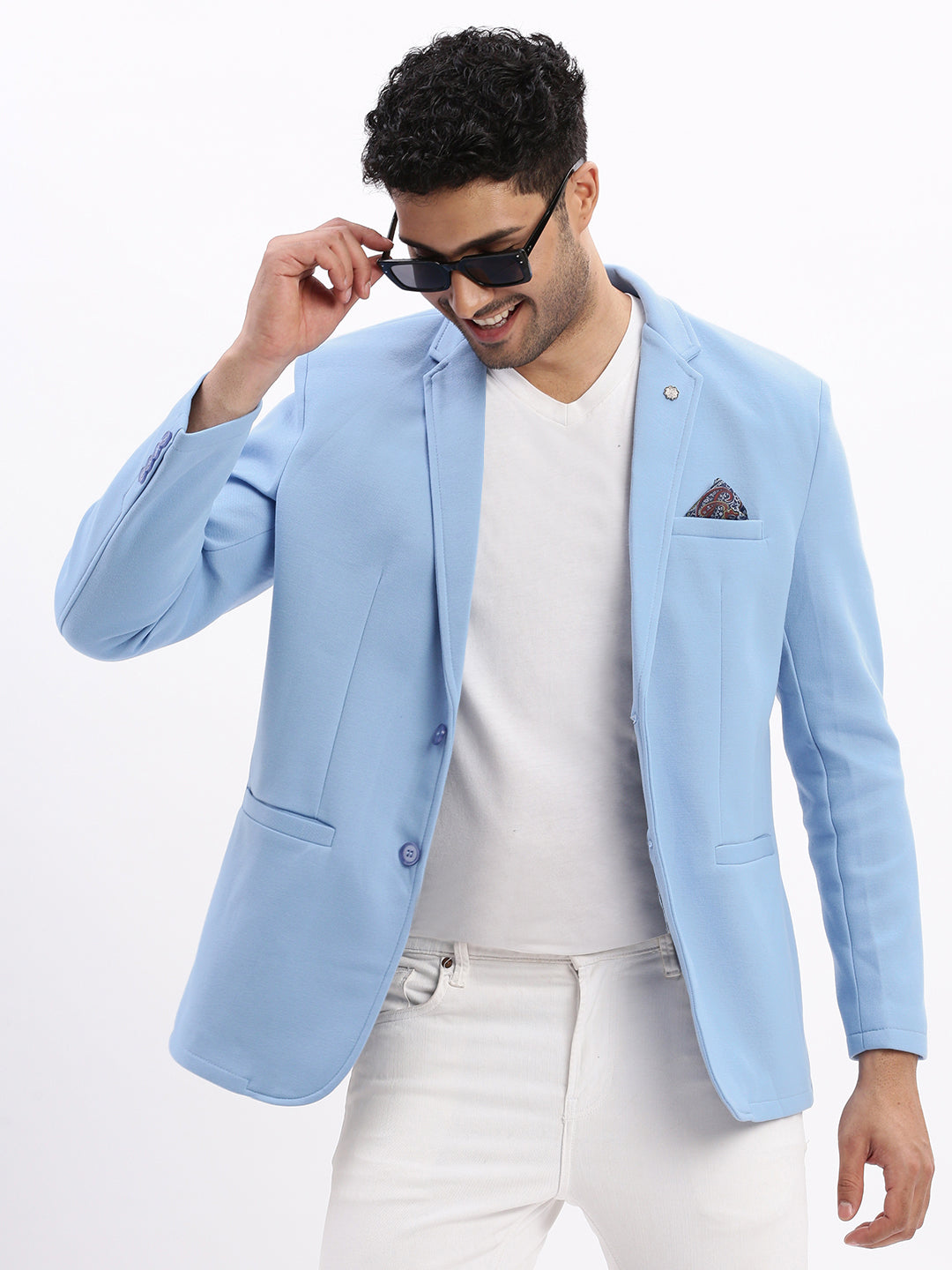 Men Solid Blue Single Breasted Blazer