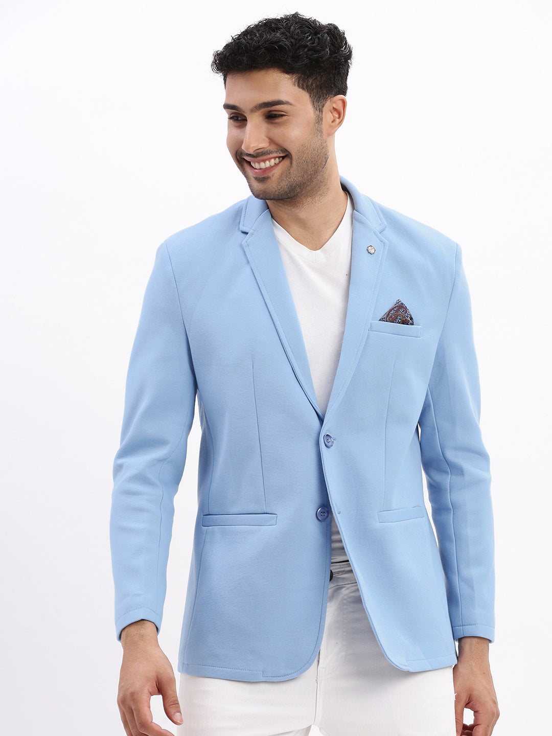 Men Solid Blue Single Breasted Blazer