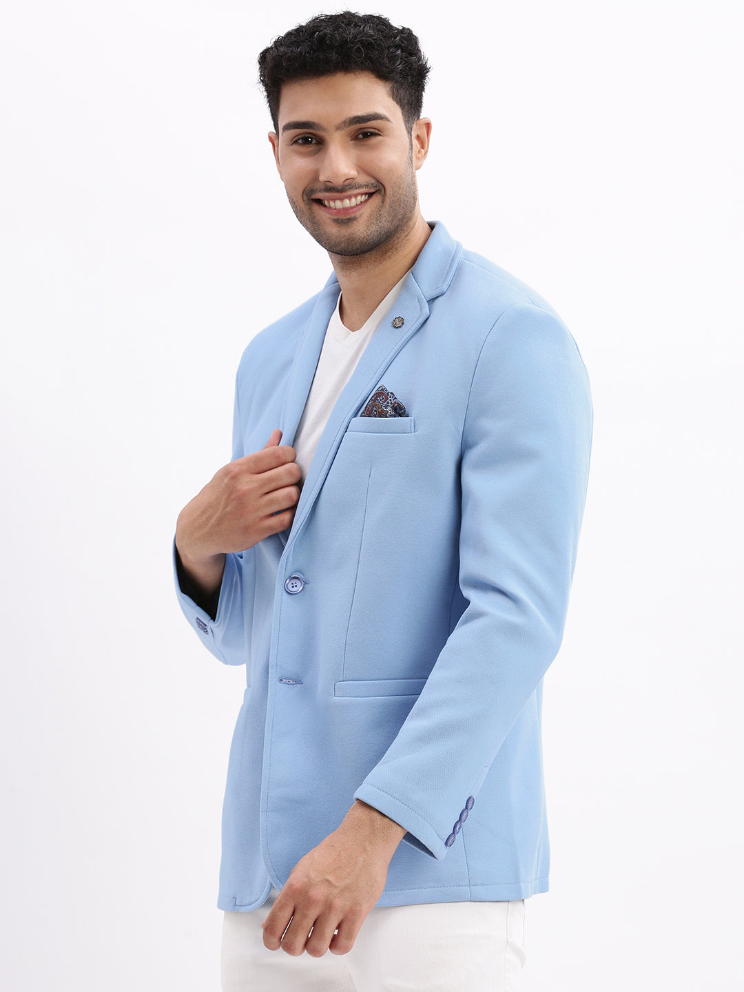 Men Solid Blue Single Breasted Blazer