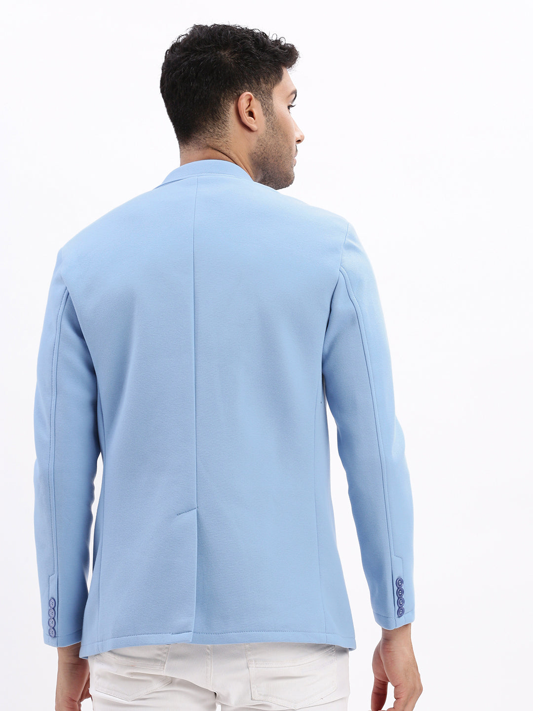 Men Solid Blue Single Breasted Blazer