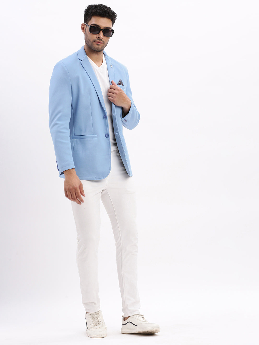 Men Solid Blue Single Breasted Blazer