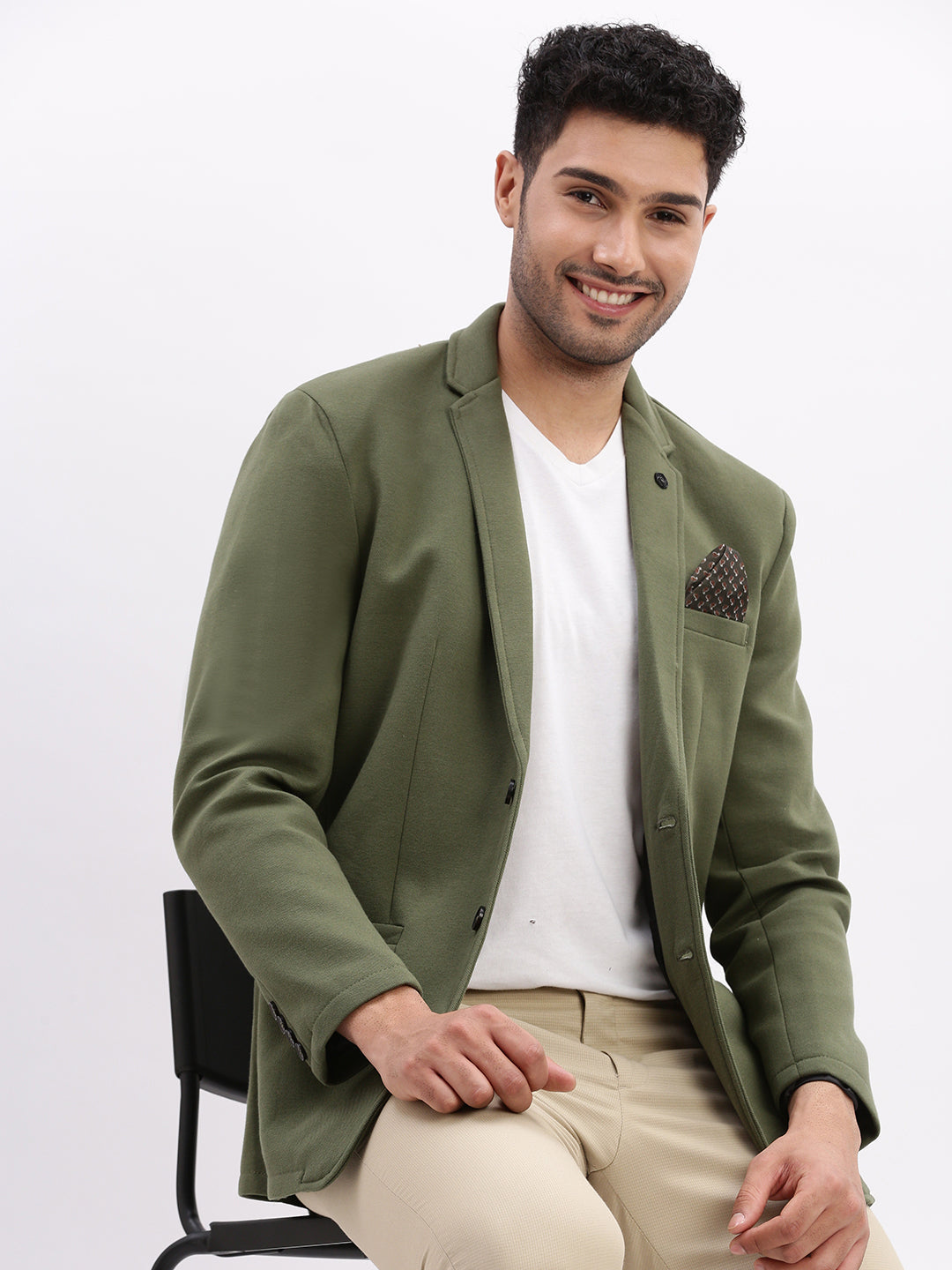 Men Solid Green Single Breasted Blazer