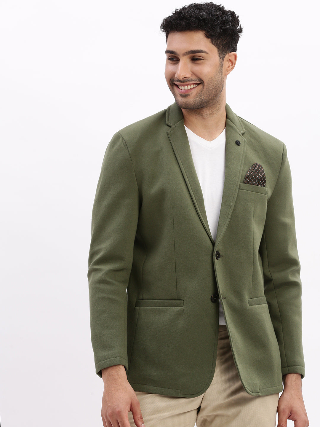 Men Solid Green Single Breasted Blazer