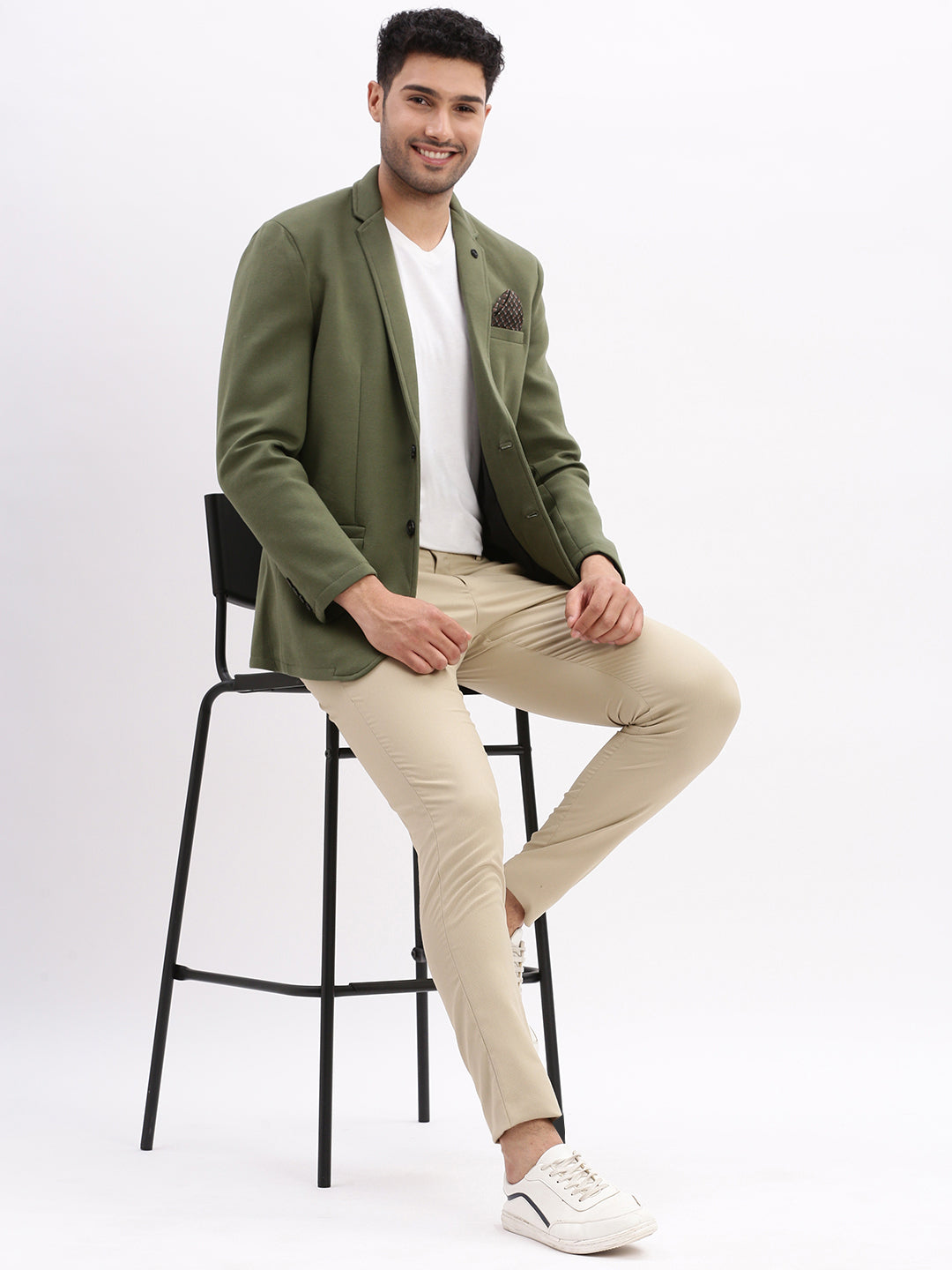 Men Solid Green Single Breasted Blazer