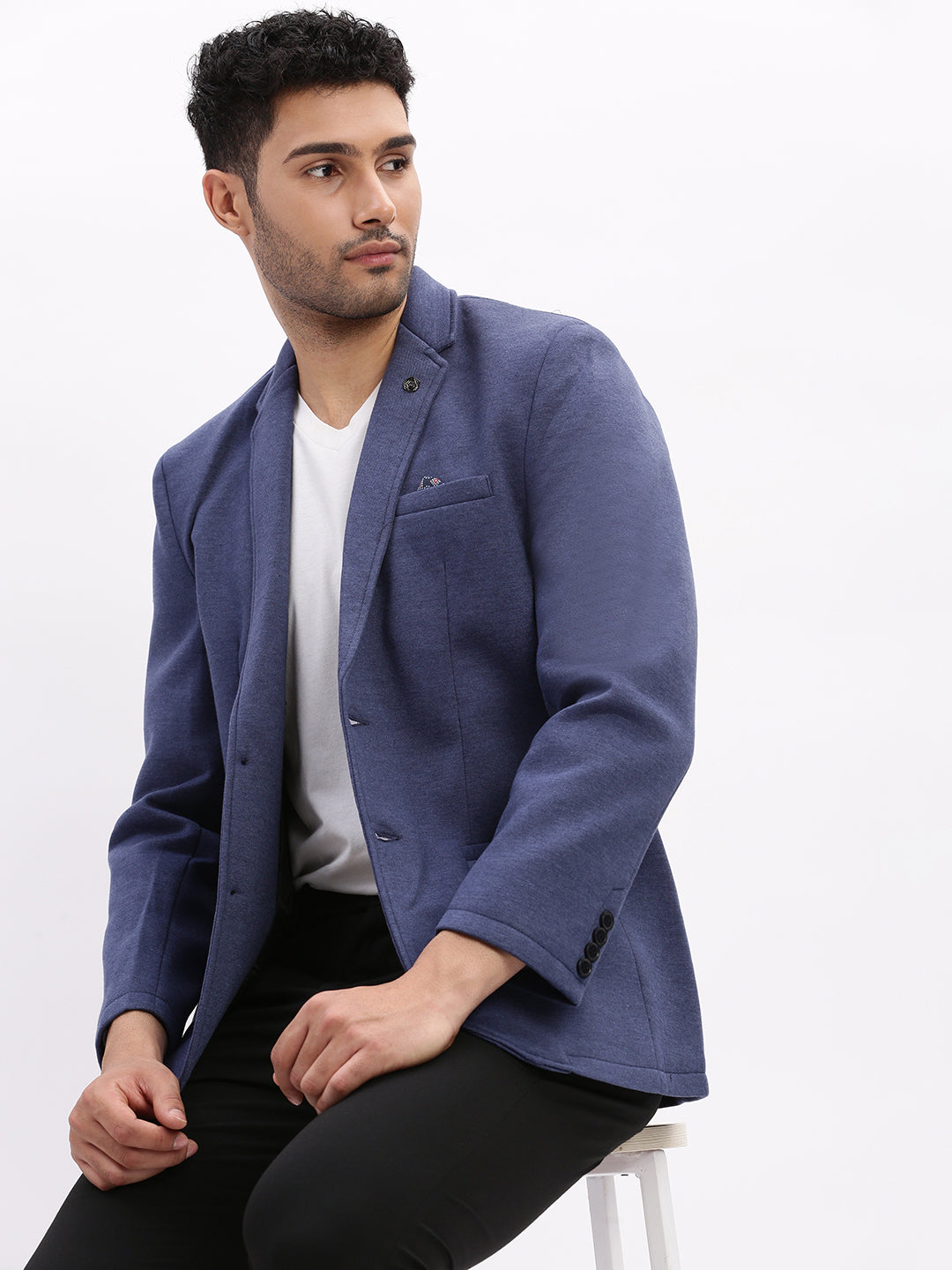 Men Solid Blue Single Breasted Blazer