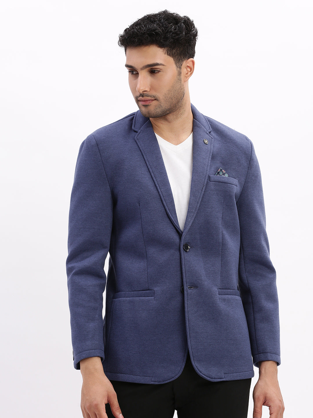 Men Solid Blue Single Breasted Blazer