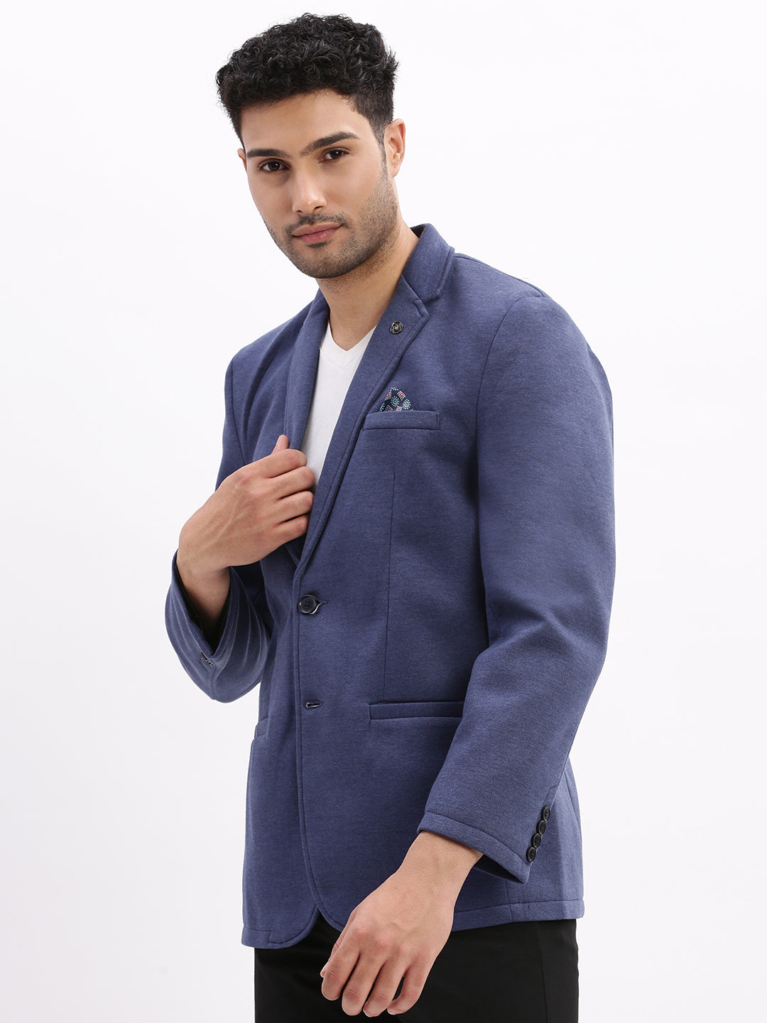 Men Solid Blue Single Breasted Blazer