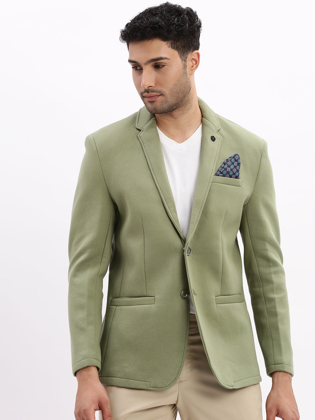 Men Solid Green Single Breasted Blazer