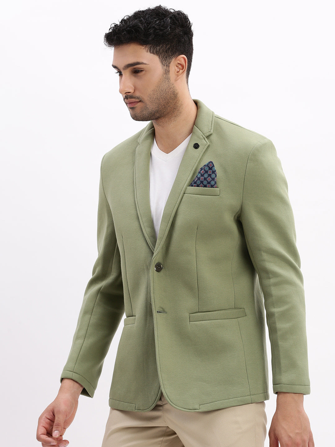 Men Solid Green Single Breasted Blazer