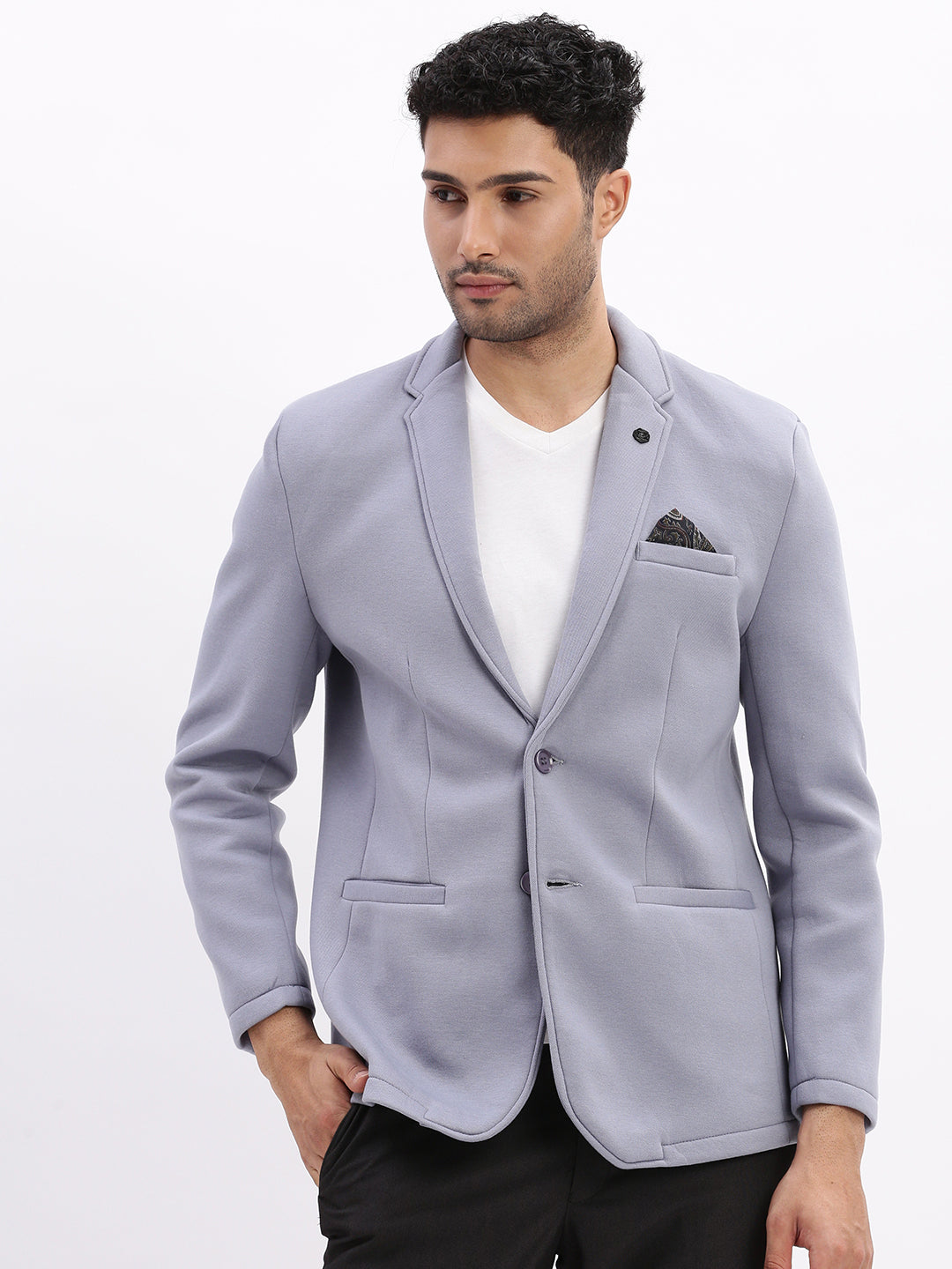 Men Solid Blue Single Breasted Blazer