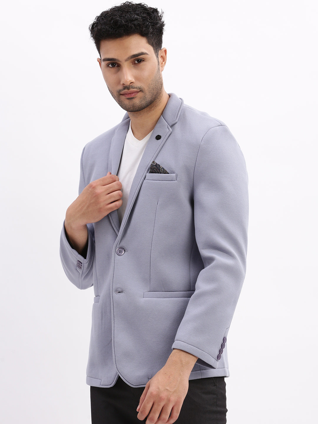 Men Solid Blue Single Breasted Blazer