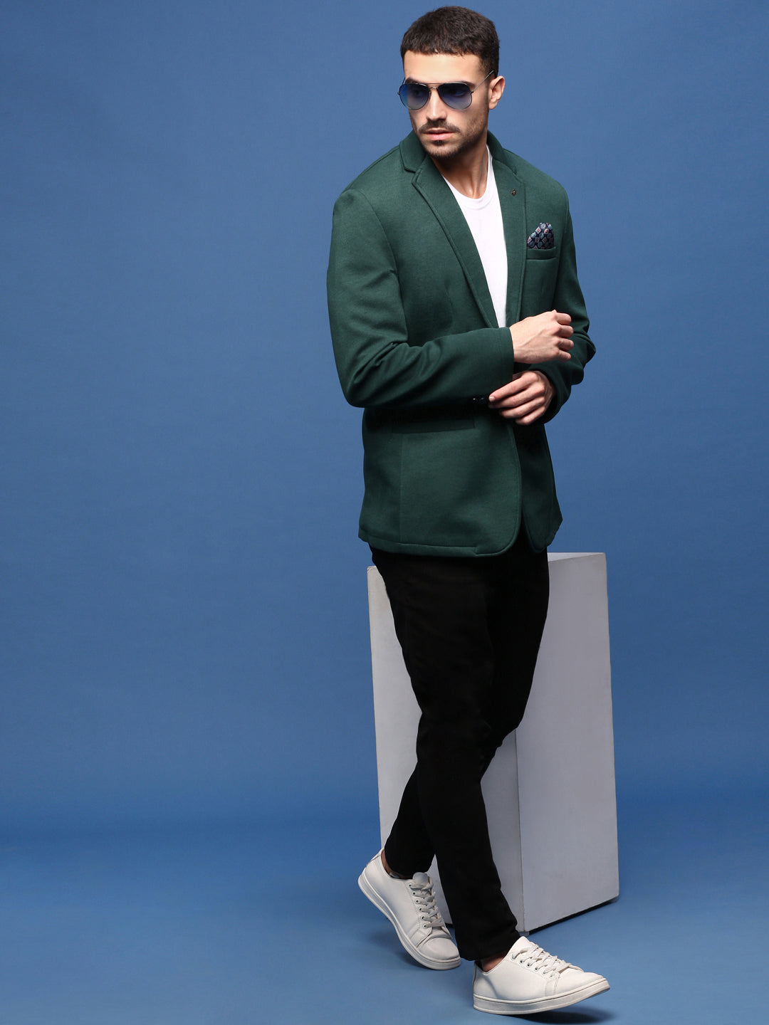 Men Green Slim Fit Single Breasted Blazer