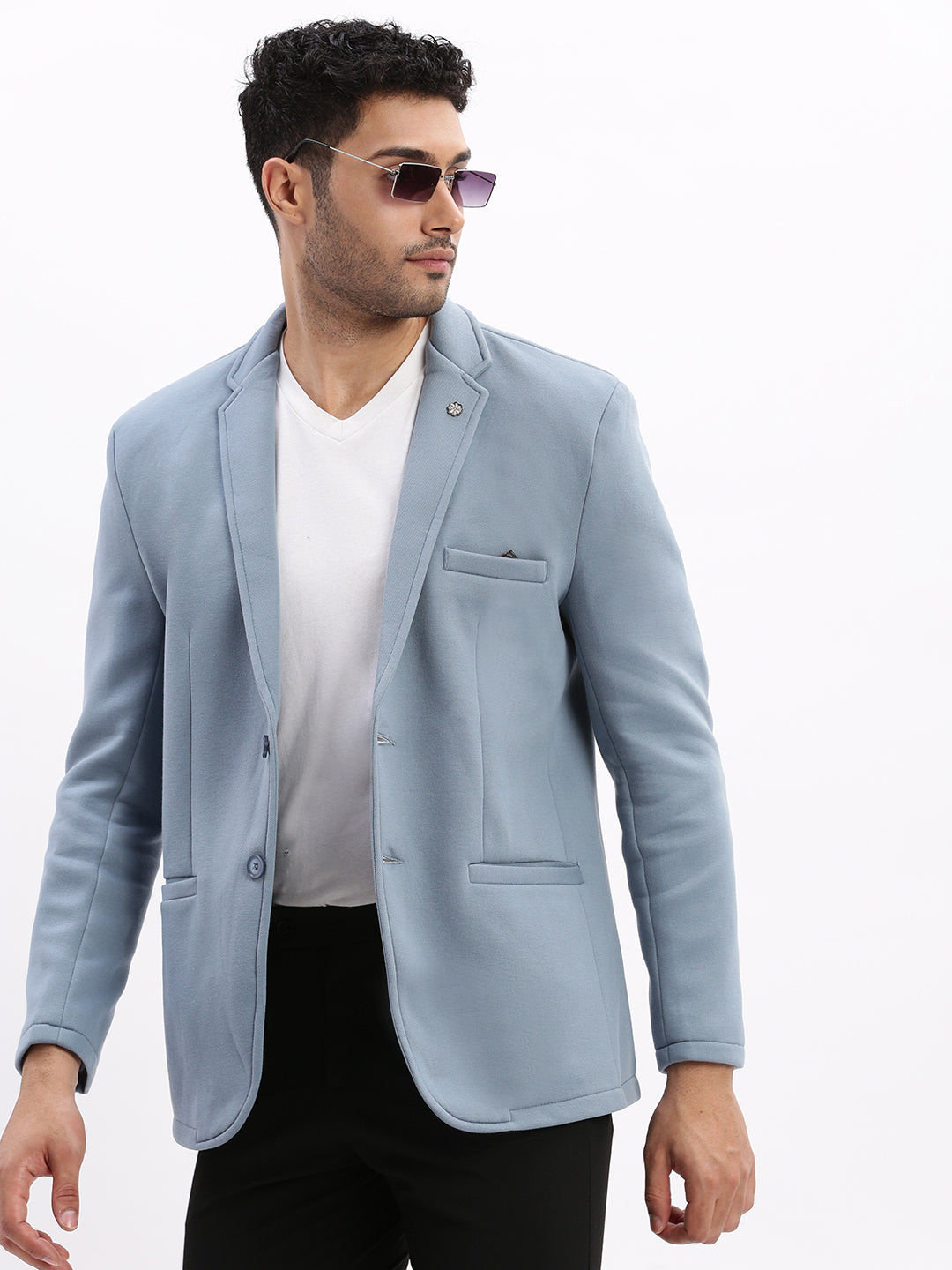 Men Solid Blue Single Breasted Blazer