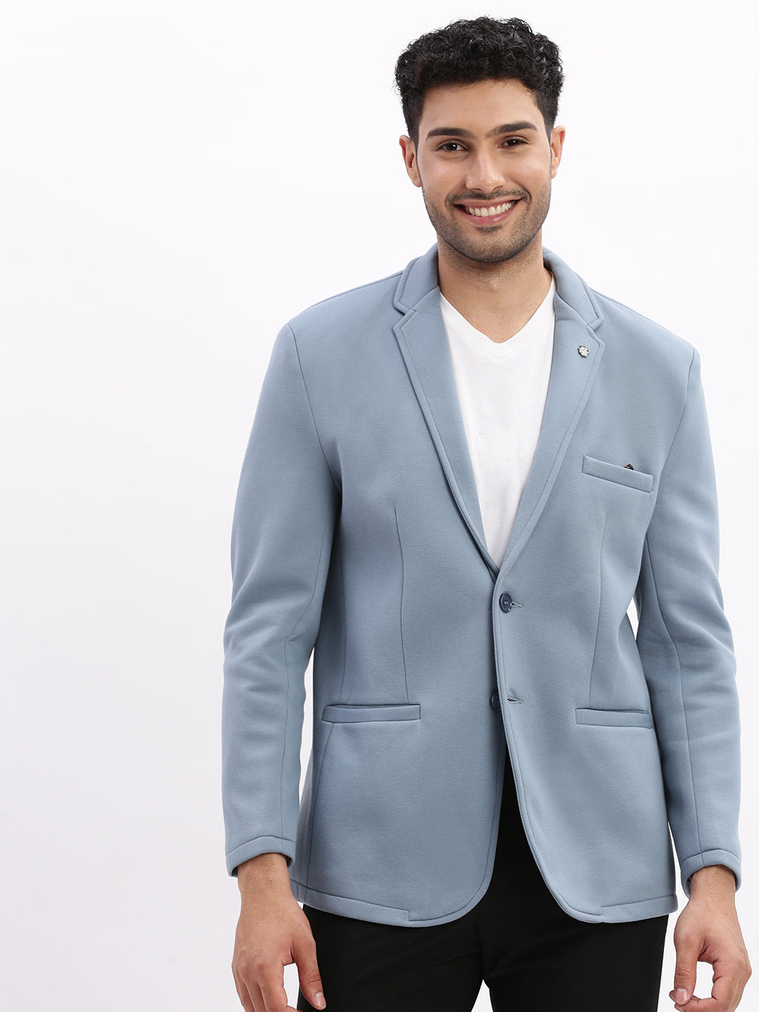 Men Solid Blue Single Breasted Blazer