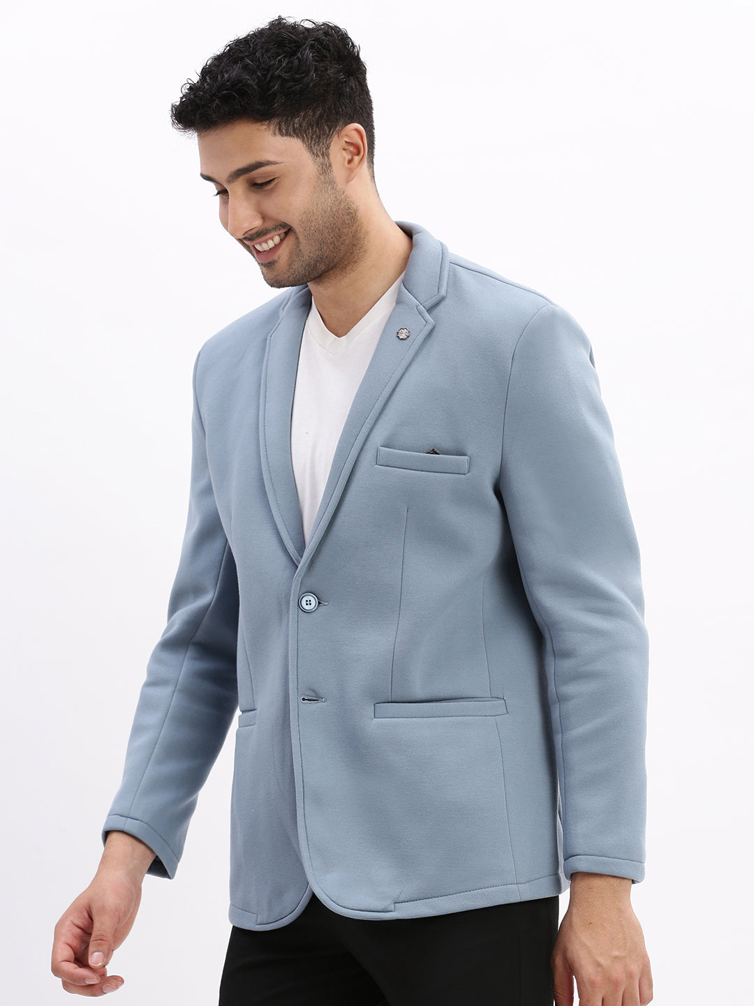 Men Solid Blue Single Breasted Blazer