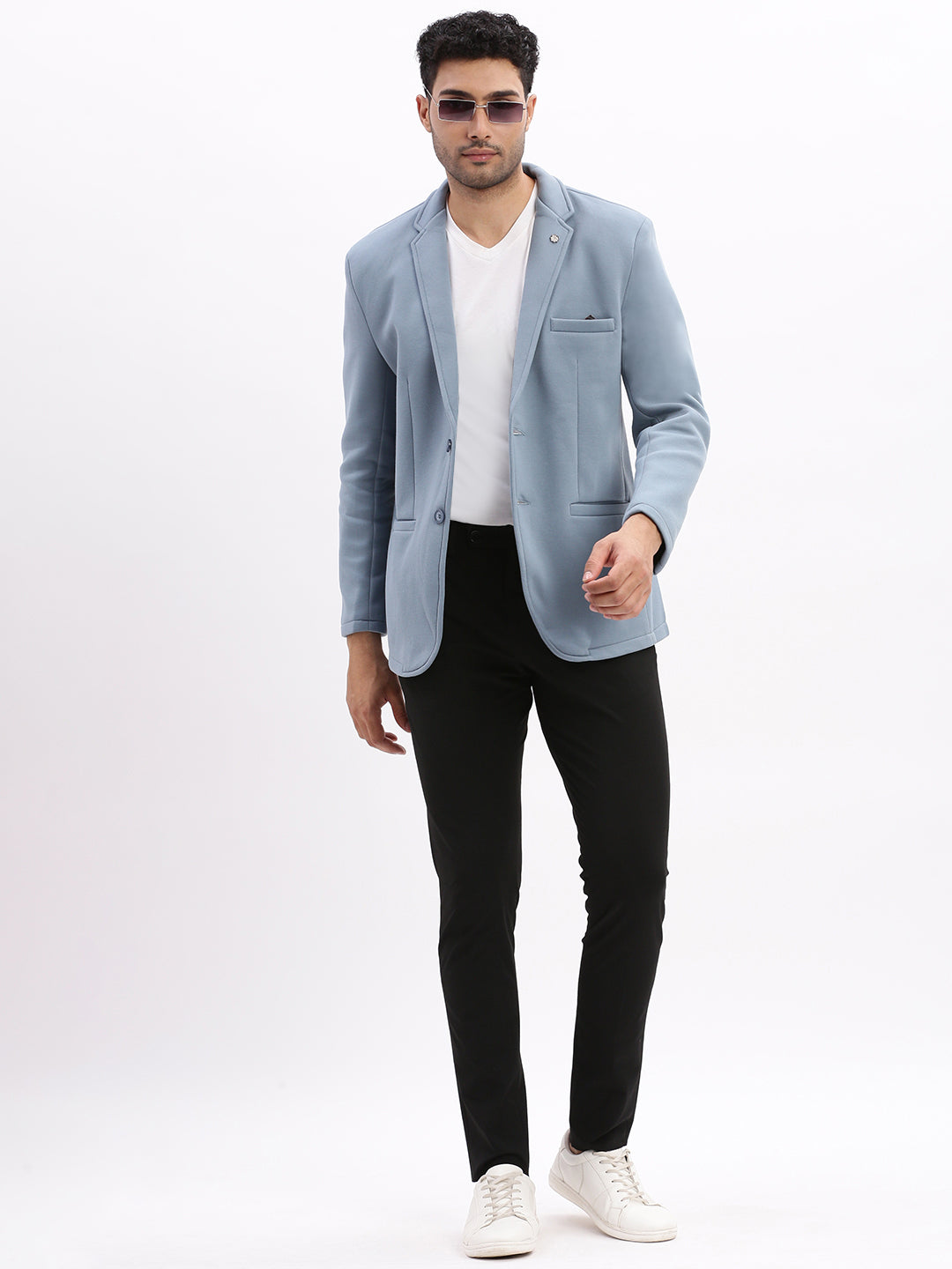 Men Solid Blue Single Breasted Blazer