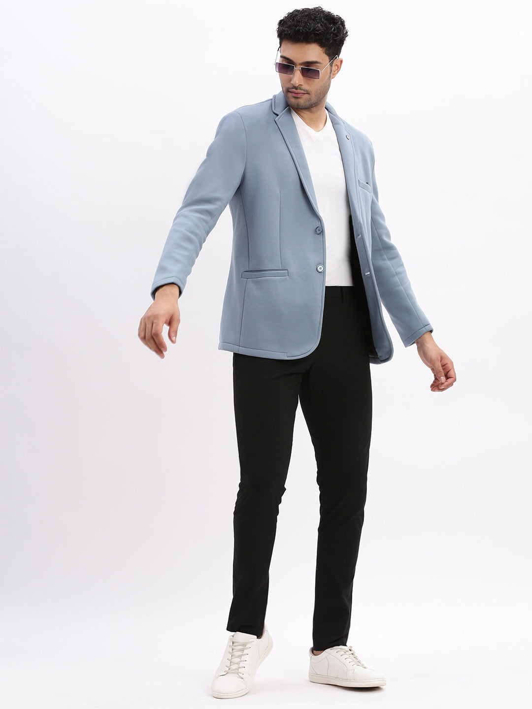 Men Solid Blue Single Breasted Blazer