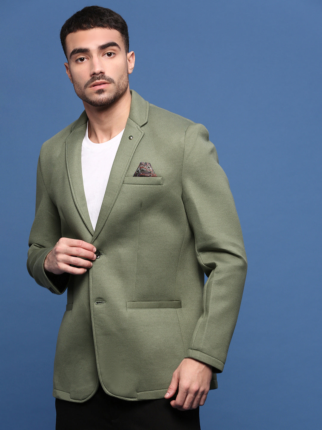 Men Green Slim Fit Single Breasted Blazer