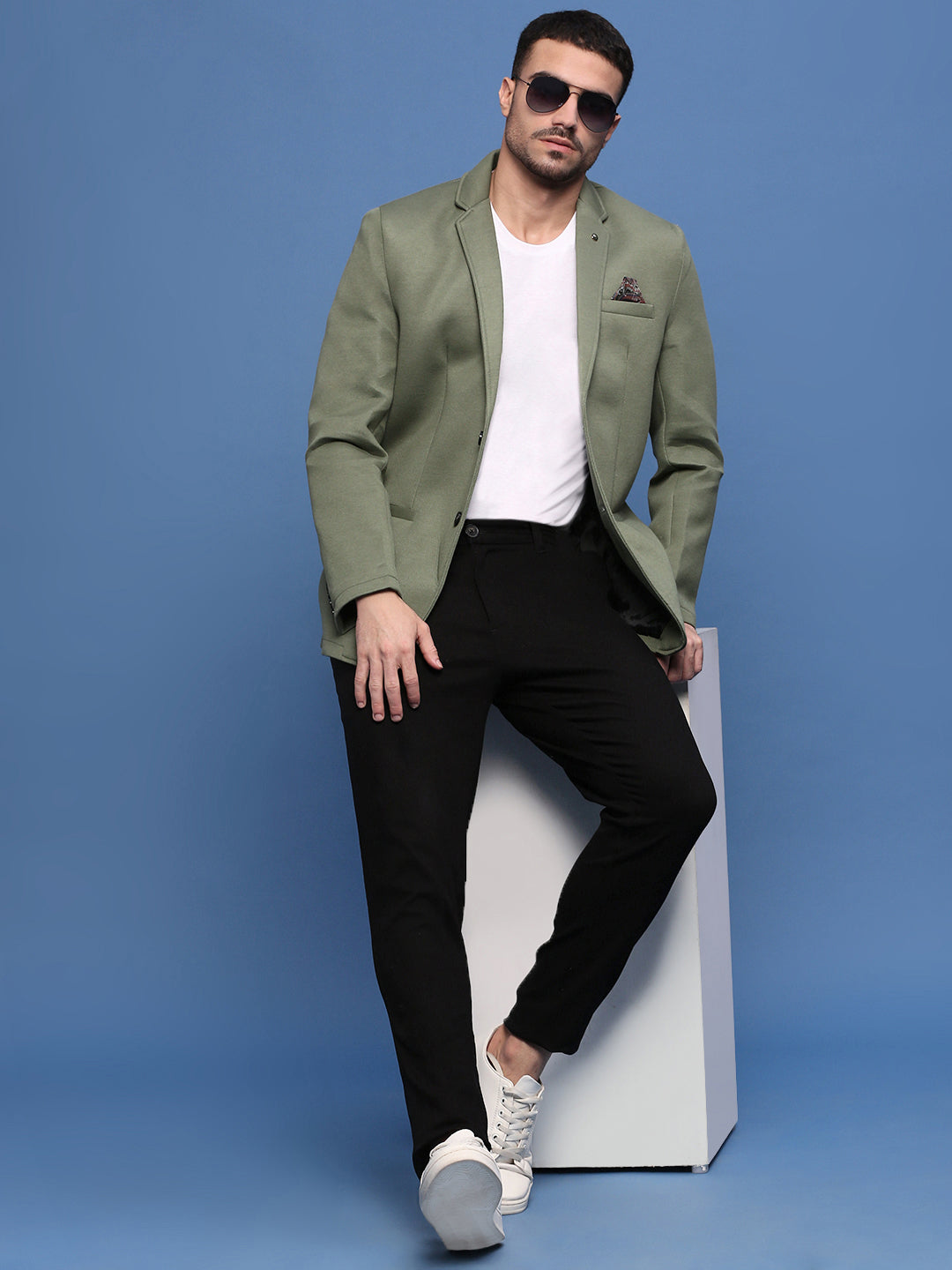 Men Green Slim Fit Single Breasted Blazer