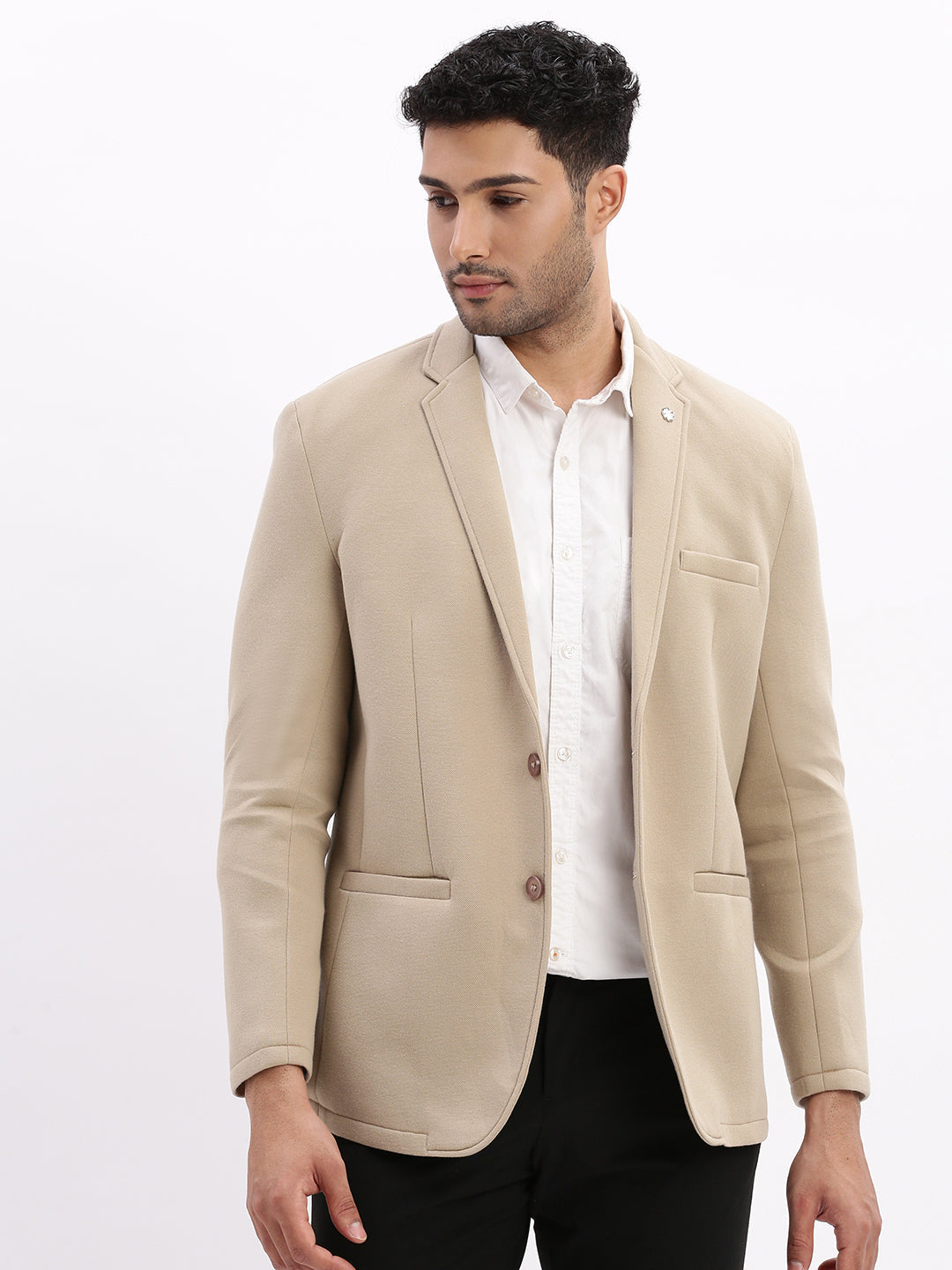 Men Solid Beige Single Breasted Blazer