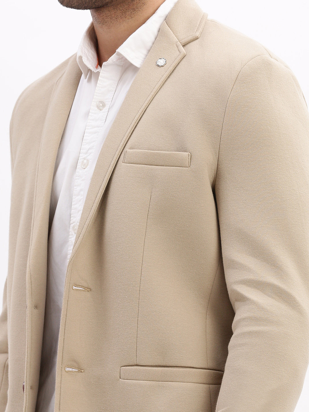 Men Solid Beige Single Breasted Blazer