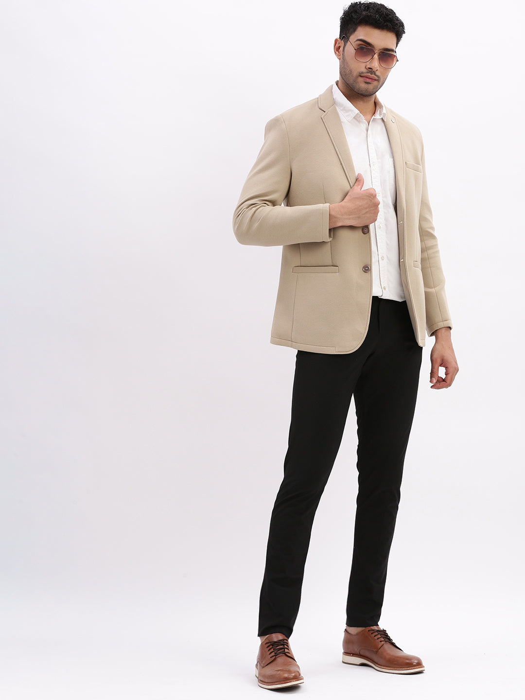 Men Solid Beige Single Breasted Blazer