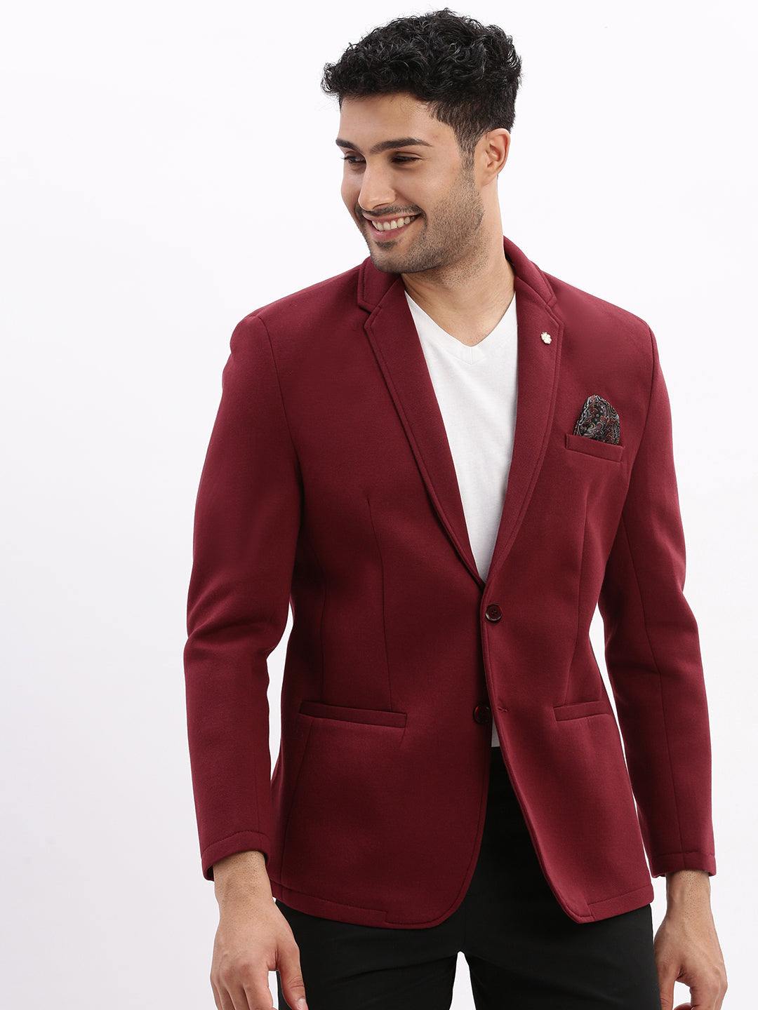 Men Solid Burgundy Single Breasted Blazer