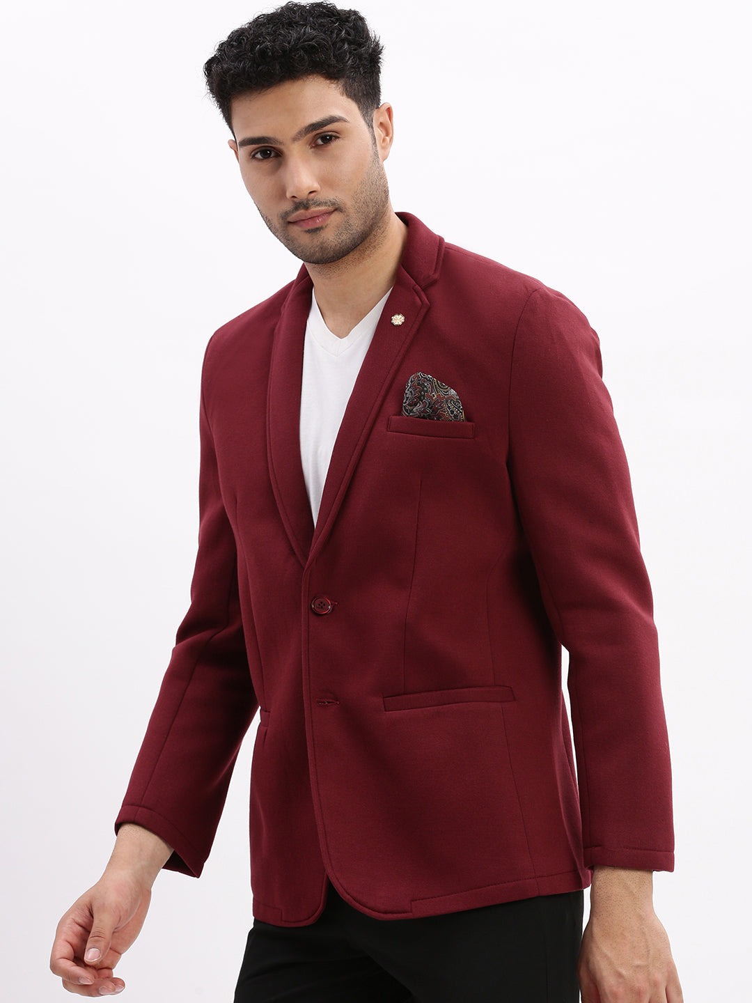 Men Solid Burgundy Single Breasted Blazer