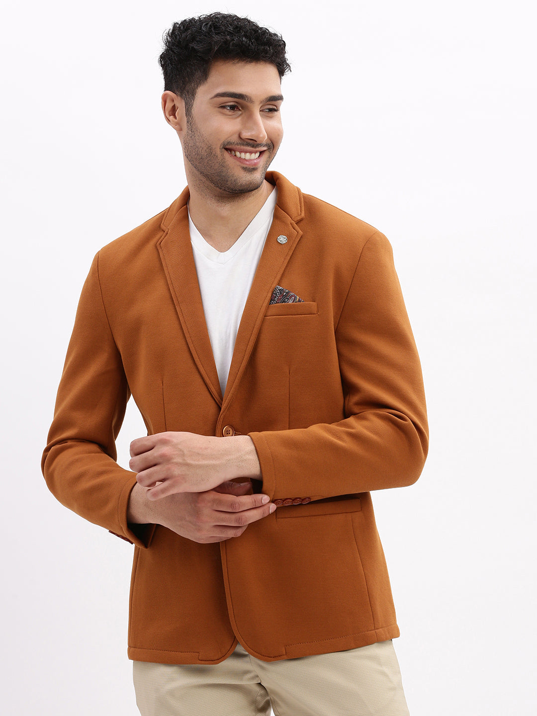 Men Solid Brown Single Breasted Blazer