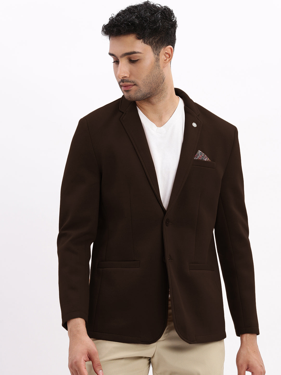 Men's Coffee Brown Single-Breasted Slim Fit Blazer with Notched Lapel