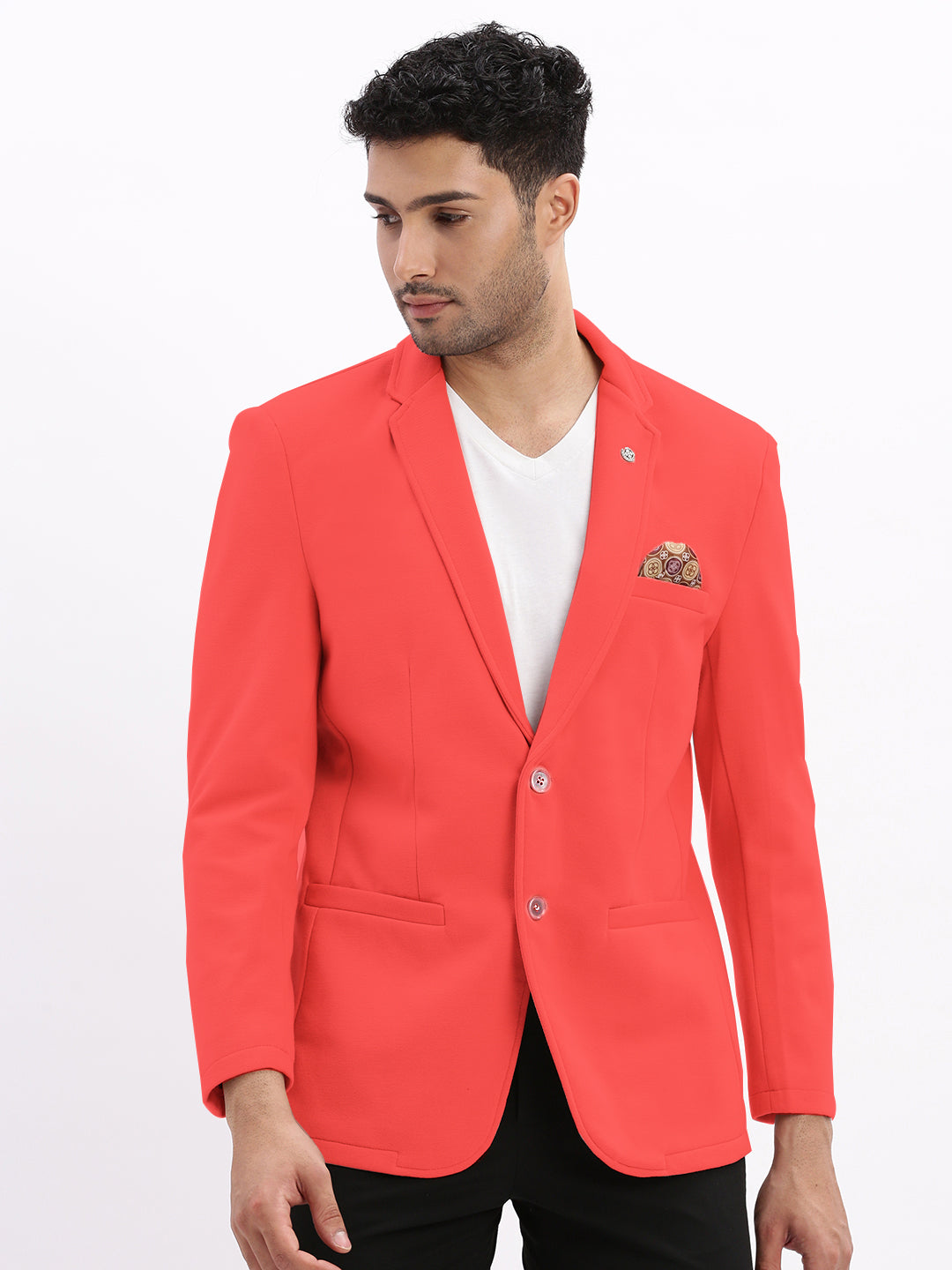 Men Coral Solid Single Breasted Blazer