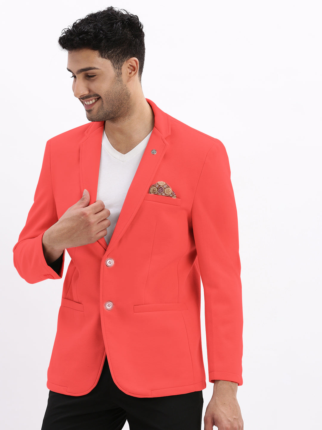 Men Coral Solid Single Breasted Blazer