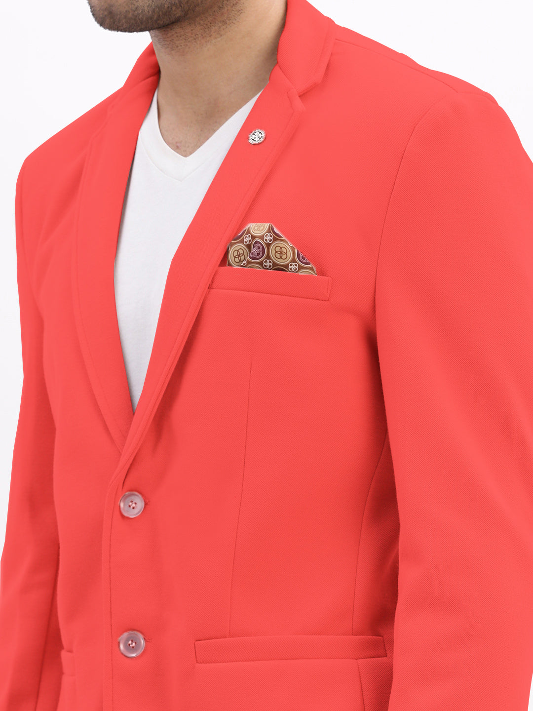 Men Coral Solid Single Breasted Blazer