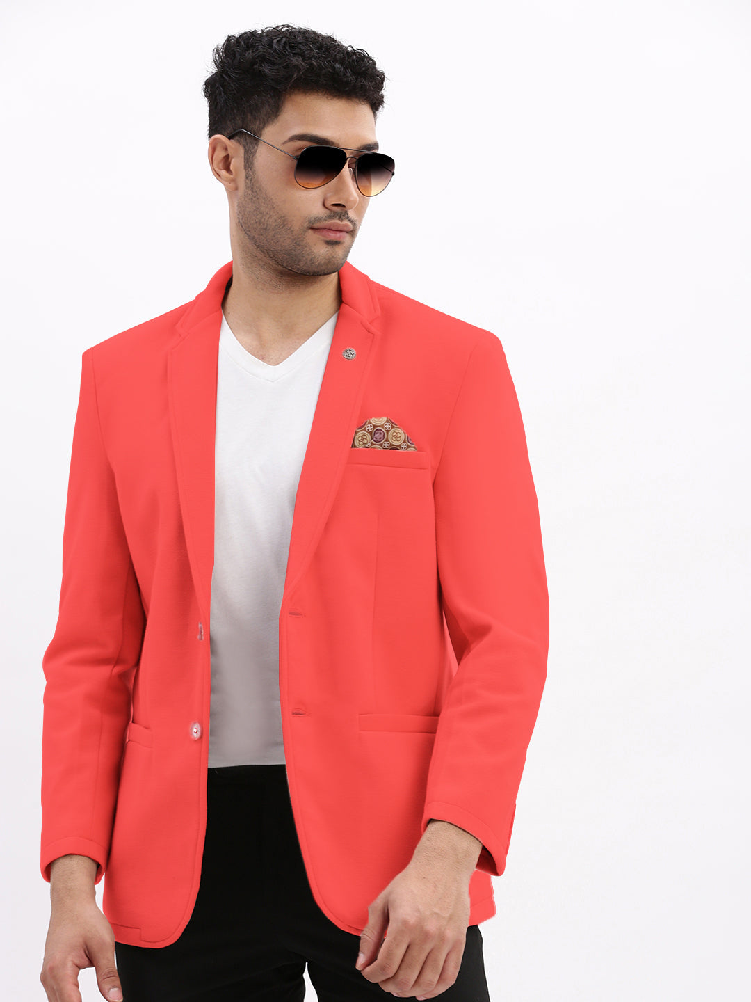 Men Coral Solid Single Breasted Blazer