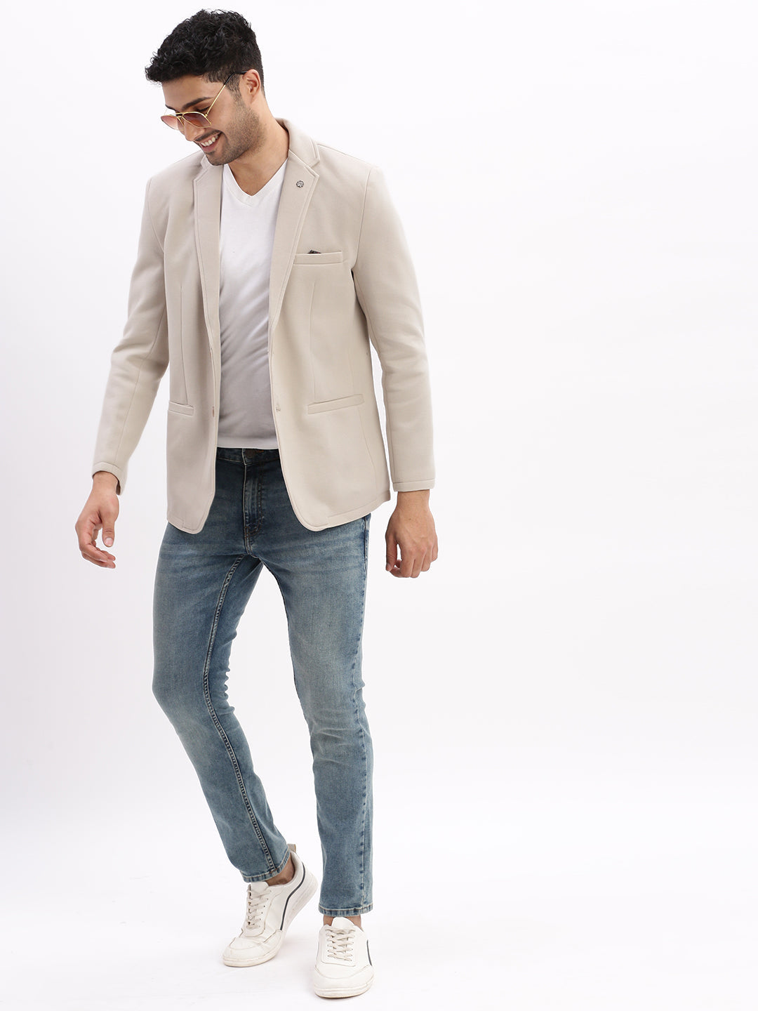 Men Solid Cream Single Breasted Blazer