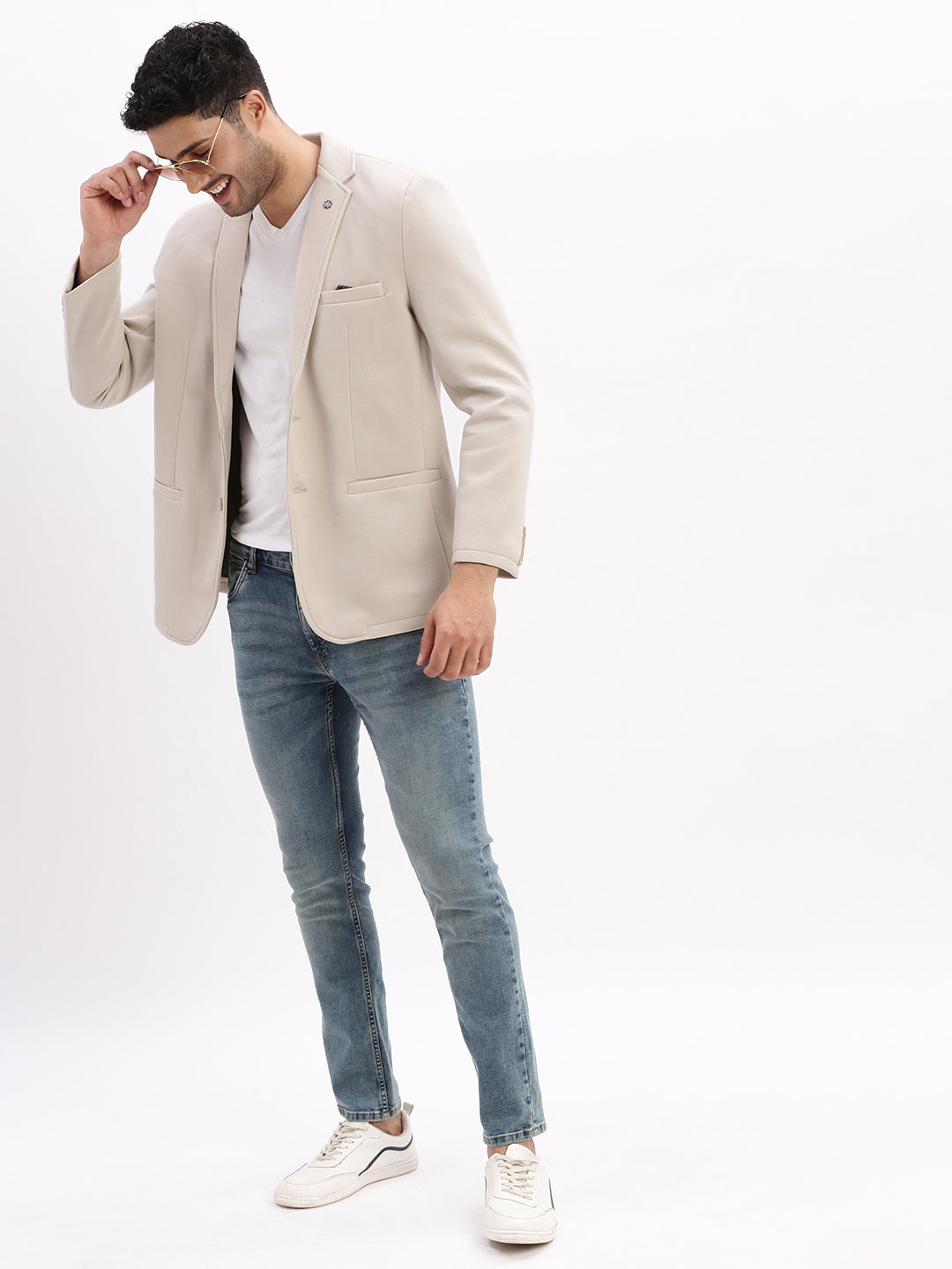 Men Solid Cream Single Breasted Blazer