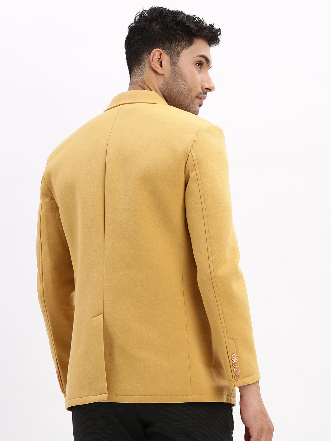 Men Solid Mustard Single Breasted Blazer