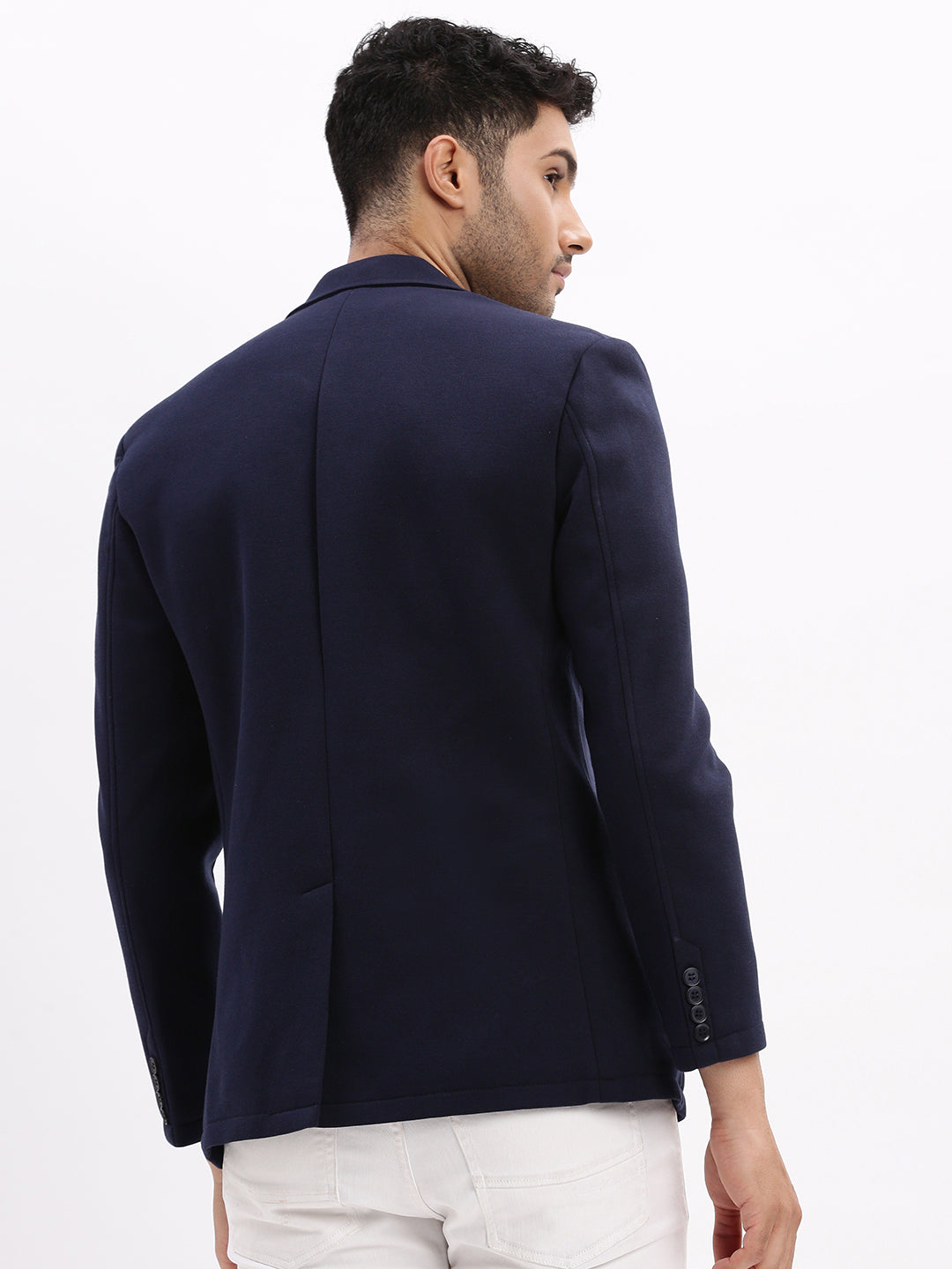 Men Solid Navy Blue Single Breasted Blazer