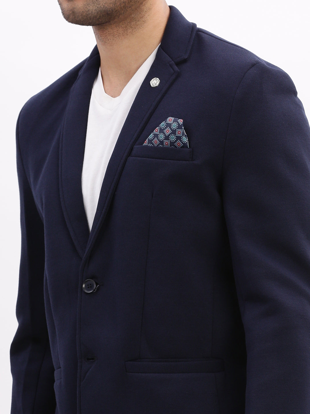 Men Solid Navy Blue Single Breasted Blazer