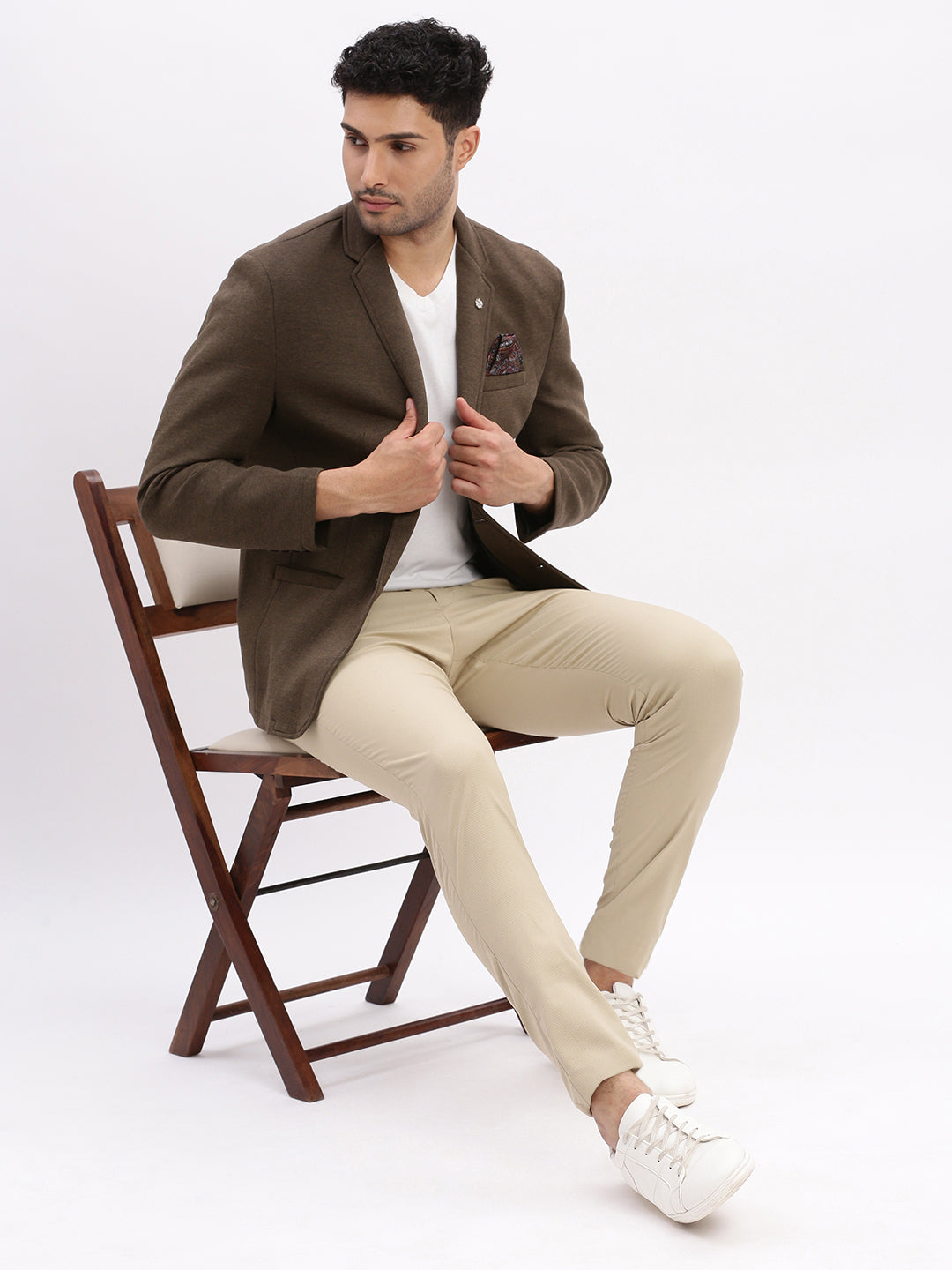 Men Solid Olive Single Breasted Blazer