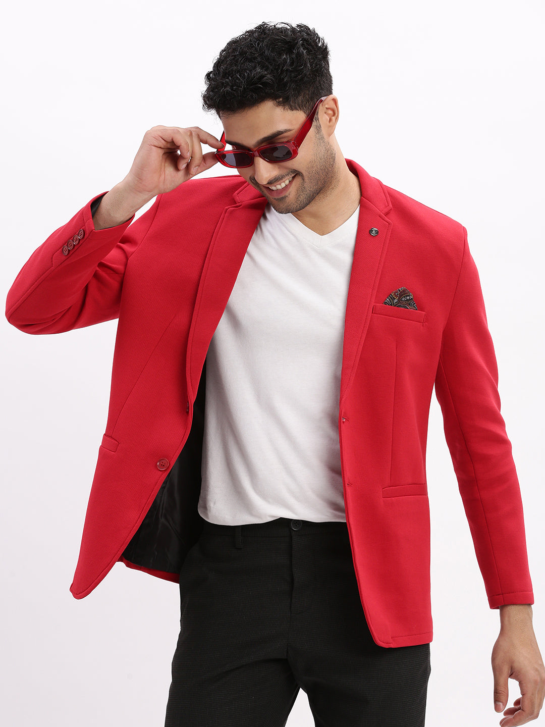 Men Solid Red Single Breasted Blazer