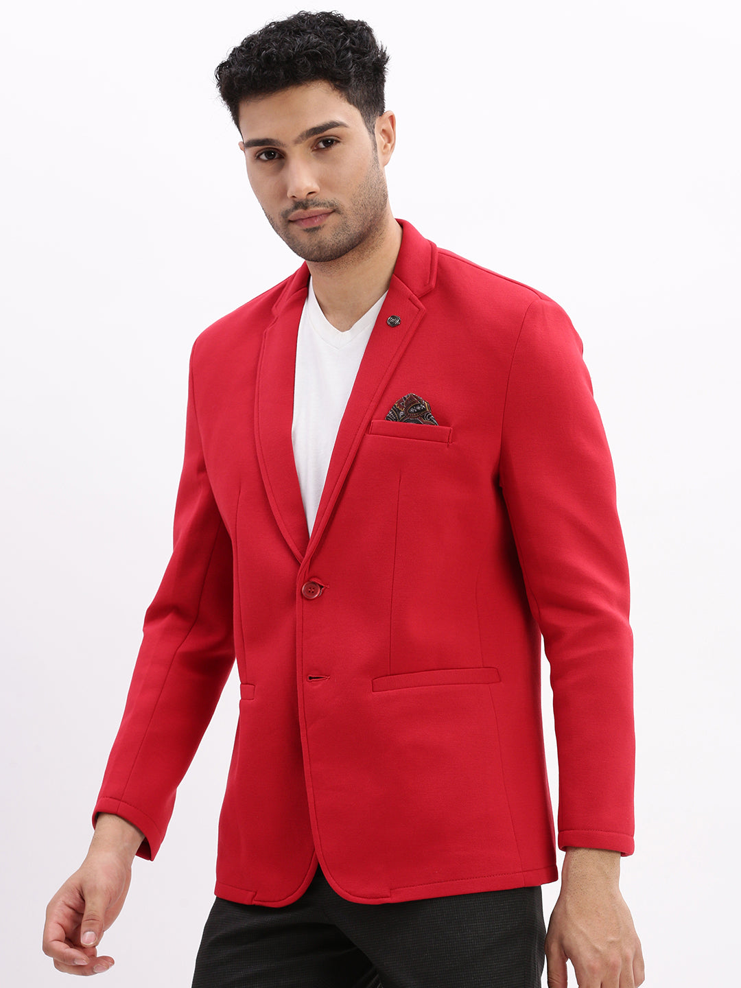 Men Solid Red Single Breasted Blazer